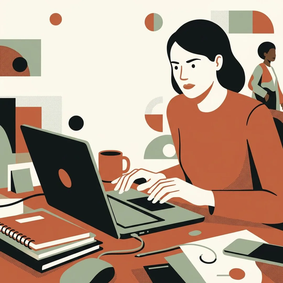 A coach's hands hesitate over a laptop, catching herself before a desperate discount to close a sale.