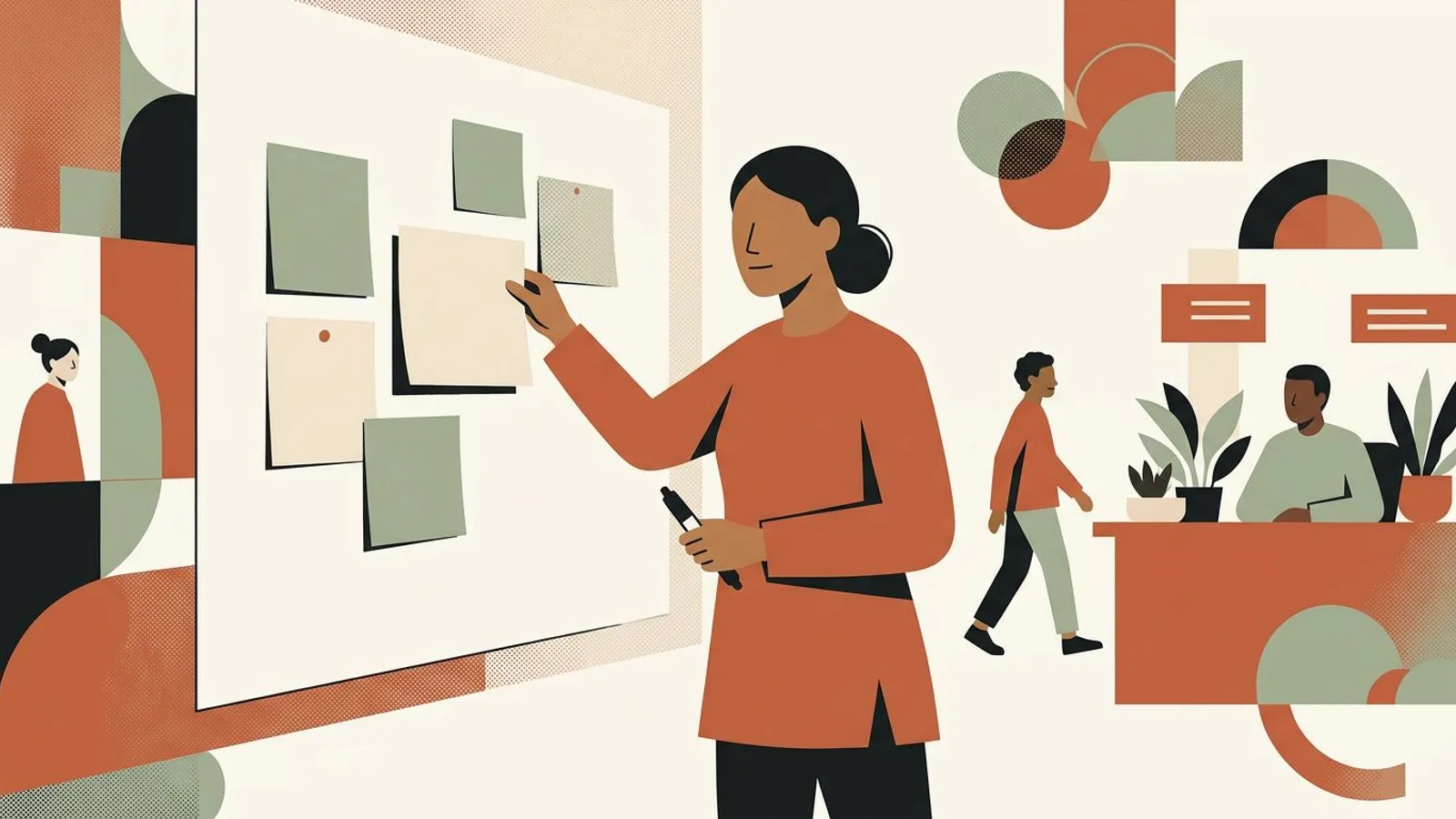 A coach at a wall of cards deliberately picks the one expensive problem her content will speak to.