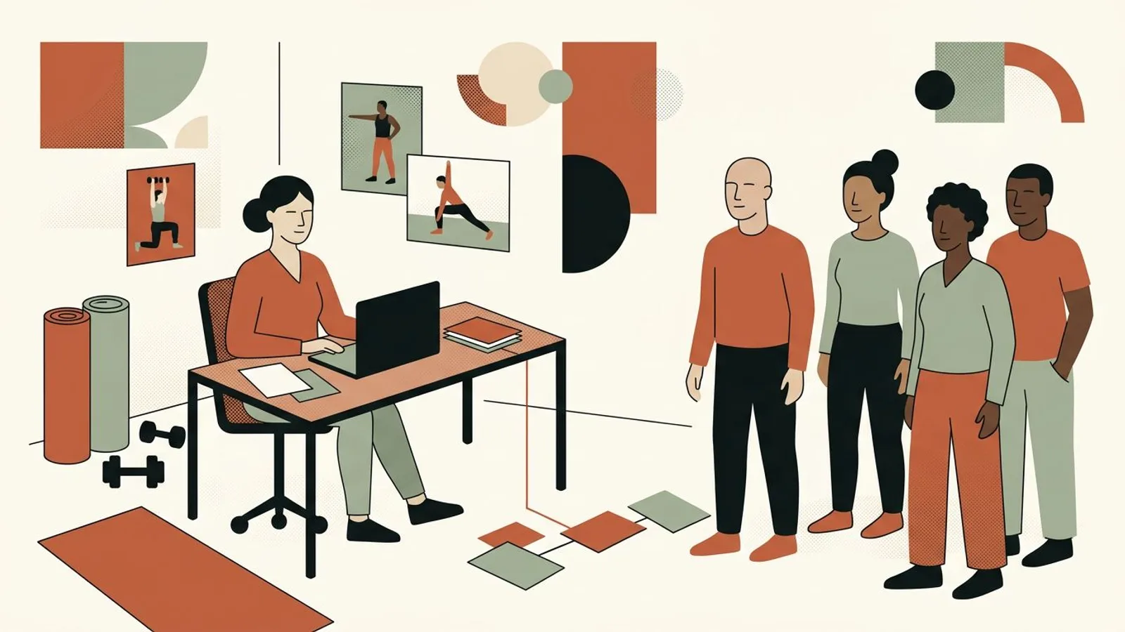 Une coach sportive travaille à son bureau dans un studio, entre ordinateur, tapis et haltères