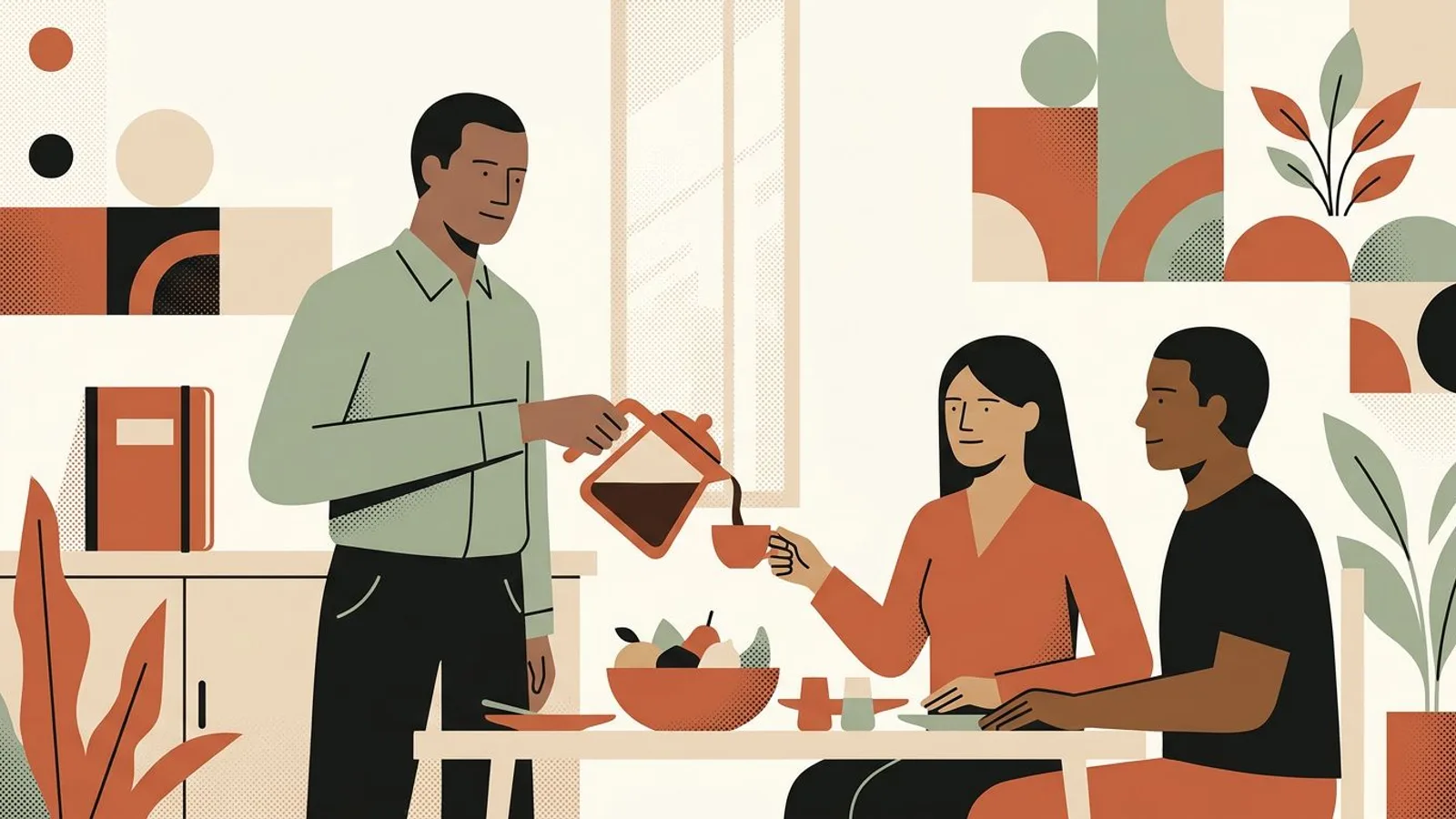 Un hotelero tranquilo sirve café en la mesa del desayuno a una pareja de huéspedes, con la libreta cerrada sobre el mostrador.
