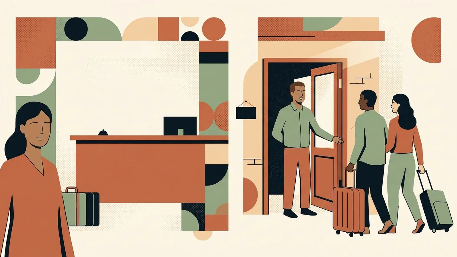 A la izquierda, un mostrador de recepción sin nadie detrás; a la derecha, el mismo hotelero en la puerta recibiendo a una pareja de huéspedes con maletas.