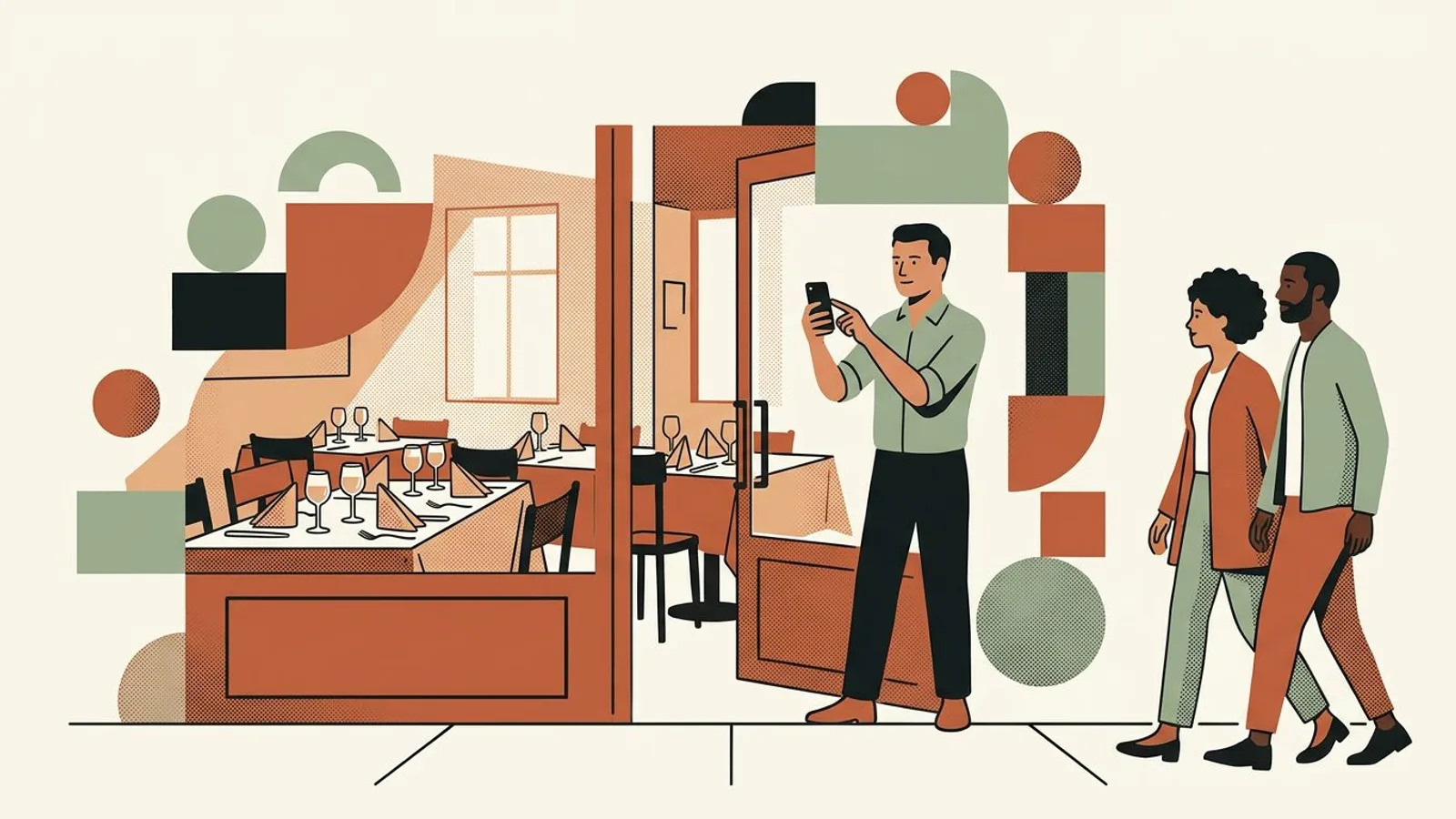 Un restaurateur photographie sa salle dressée depuis l'entrée de son bistrot, des habitués arrivant sur le trottoir.