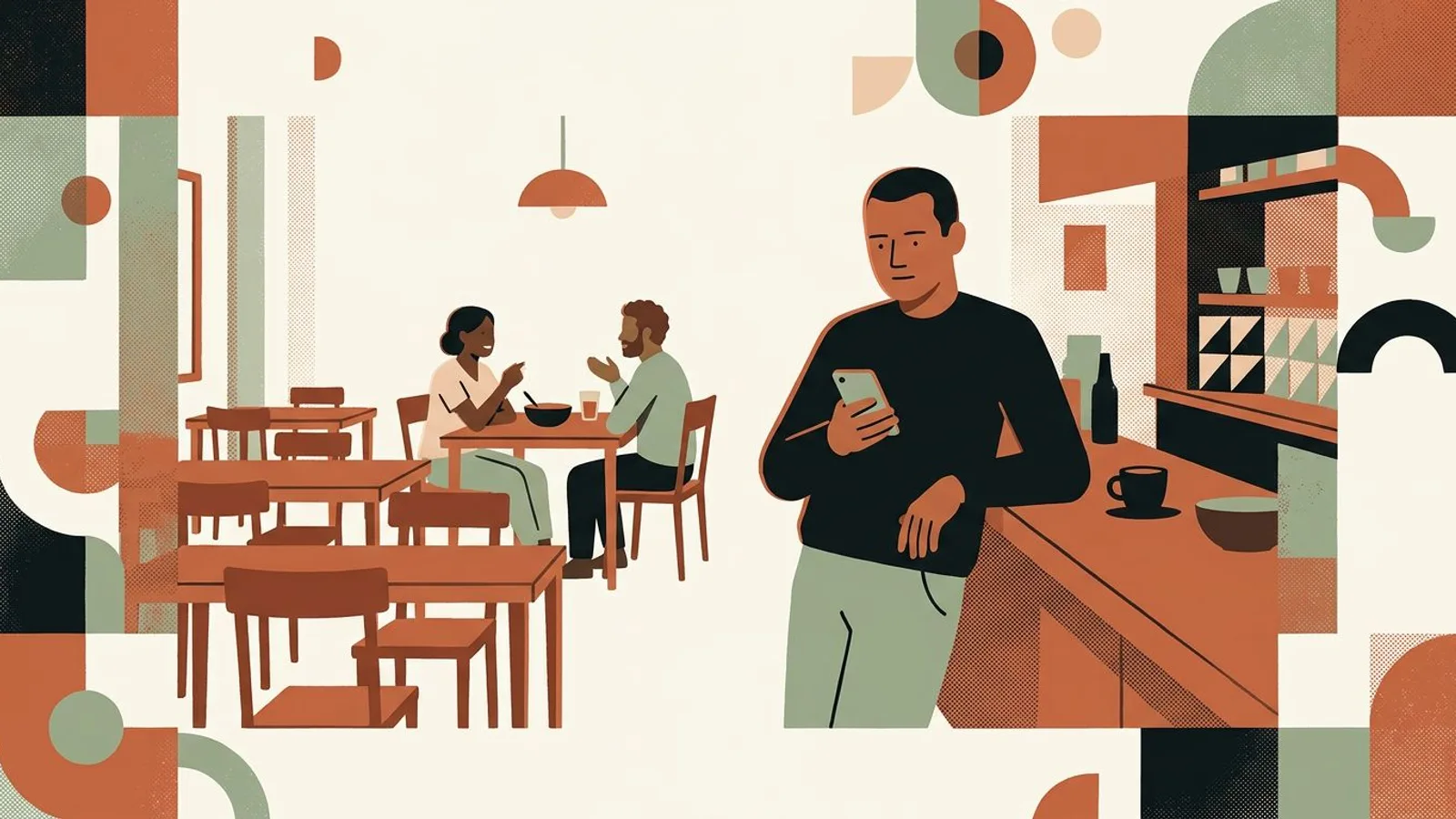Un restaurateur fait défiler son téléphone, accoudé au comptoir d'une salle presque vide un soir de semaine.