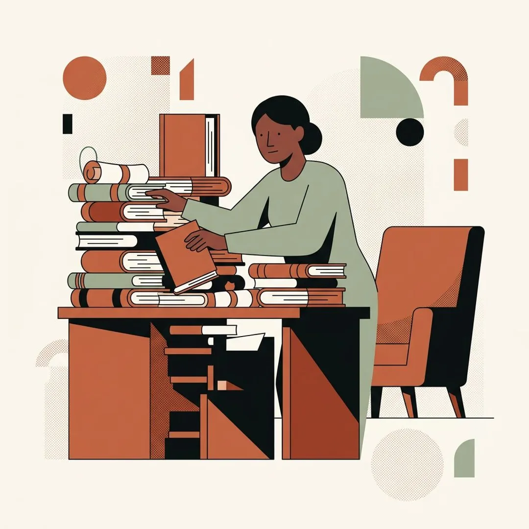 A coach studies late among piles of books and diplomas while the client armchair behind her stays empty.