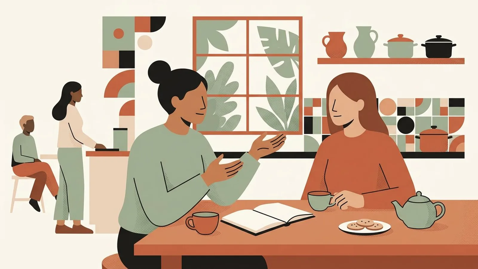 The coach talks over tea with a friend at a kitchen table, an open notebook between them.