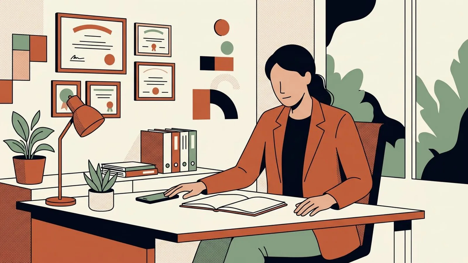 A coach sits beside her framed diplomas, phone face-down, facing a week with no sessions booked.