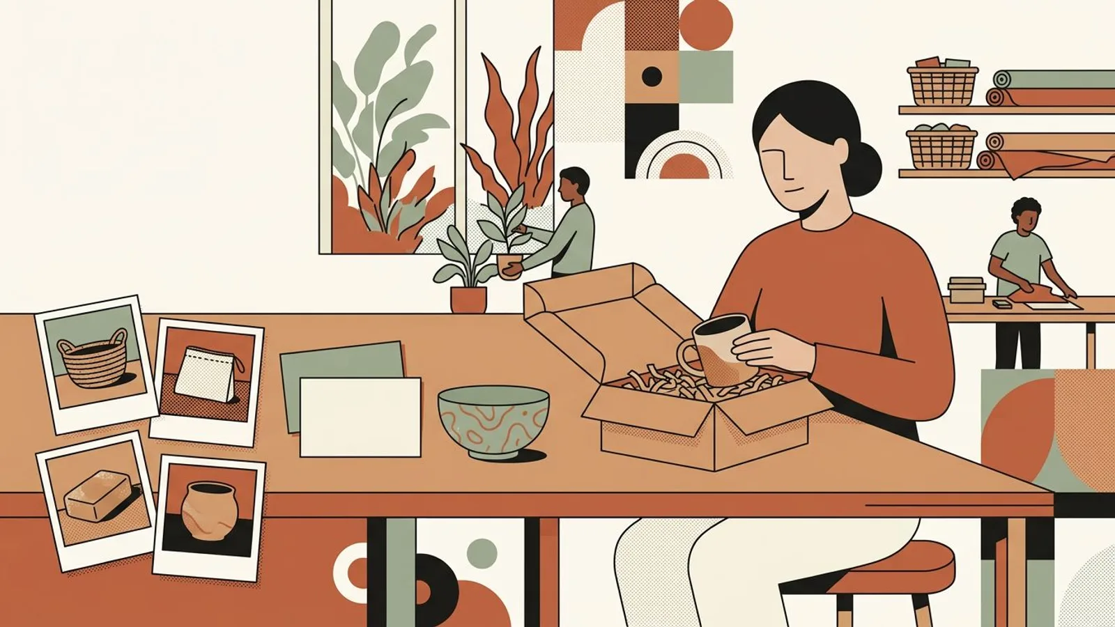 A calm maker packs an order beside product photos and blank cards in an organized workshop
