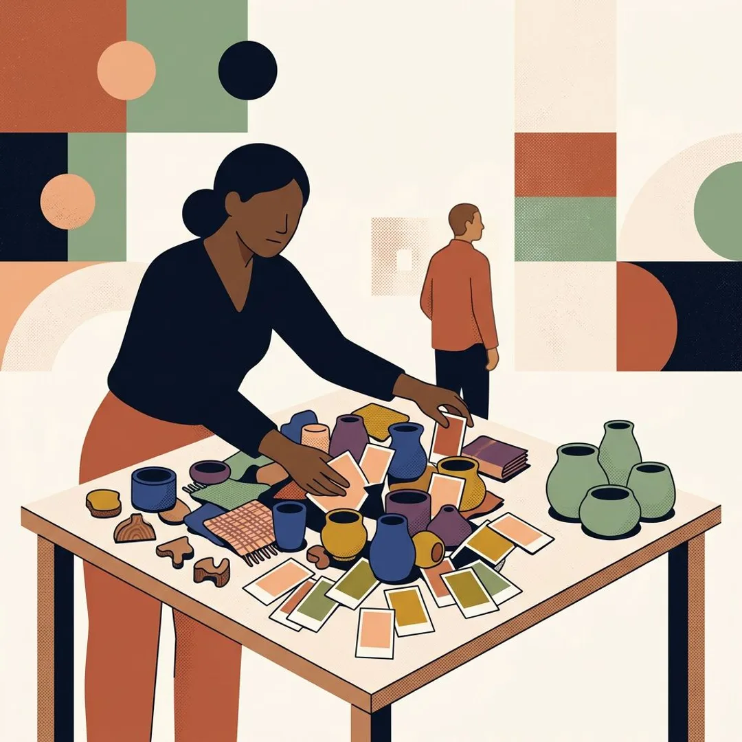 A maker reaches across a crowded table of mismatched pottery, fabric, and blank color cards