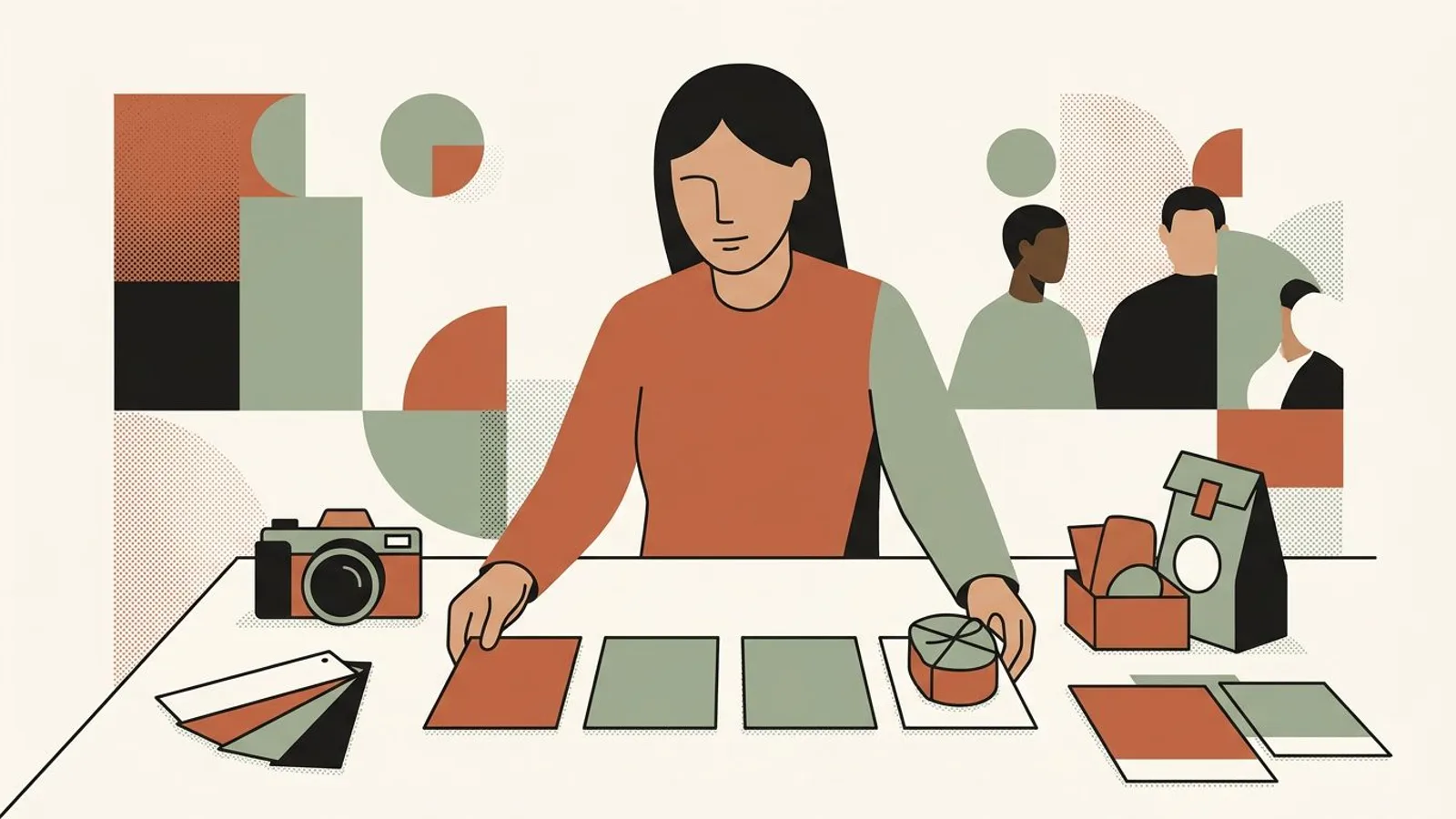 A maker arranges blank color cards and product packaging beside a camera on her worktable