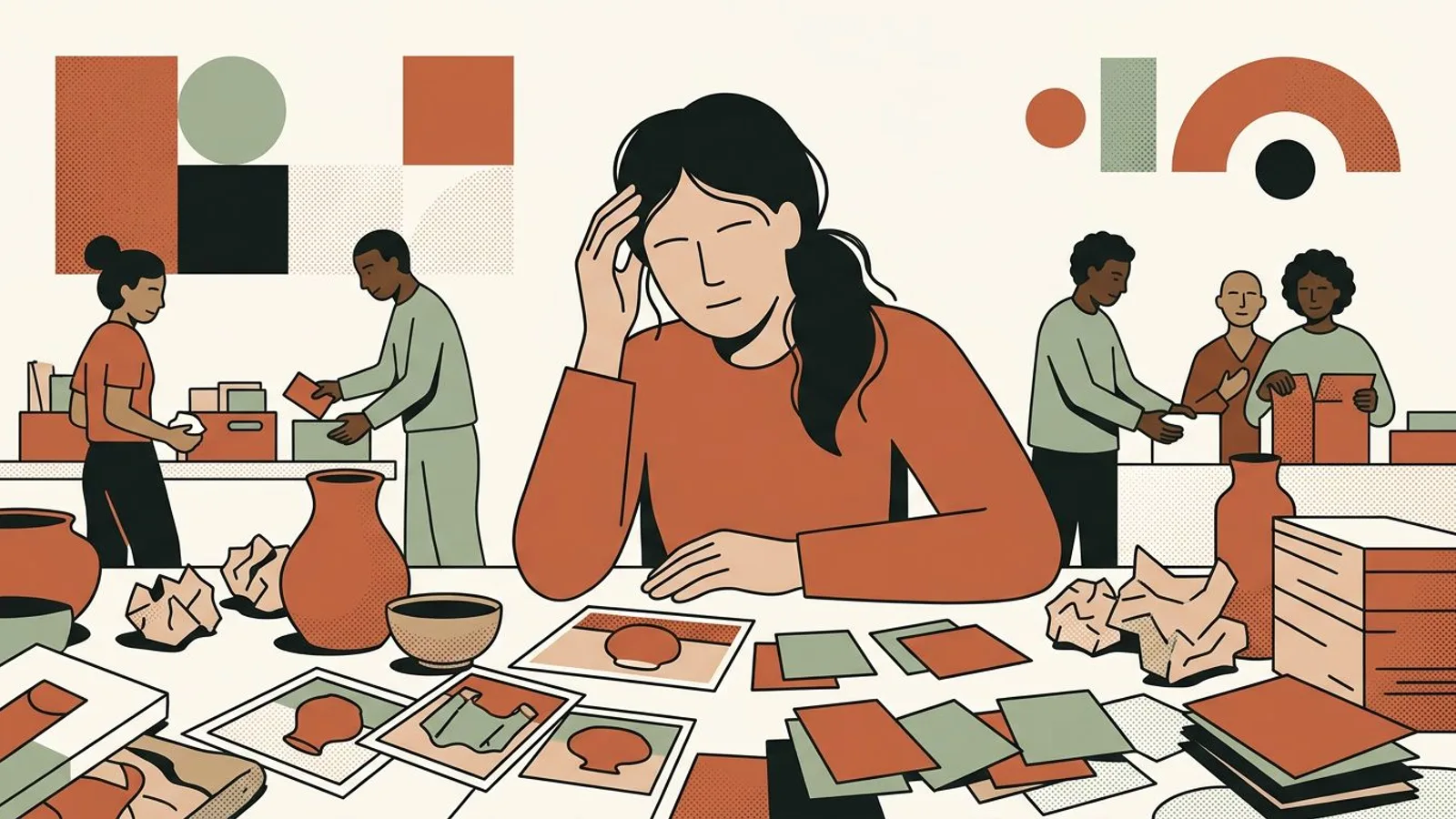 An overwhelmed ceramic maker sits among scattered product photos, pottery, and blank color cards