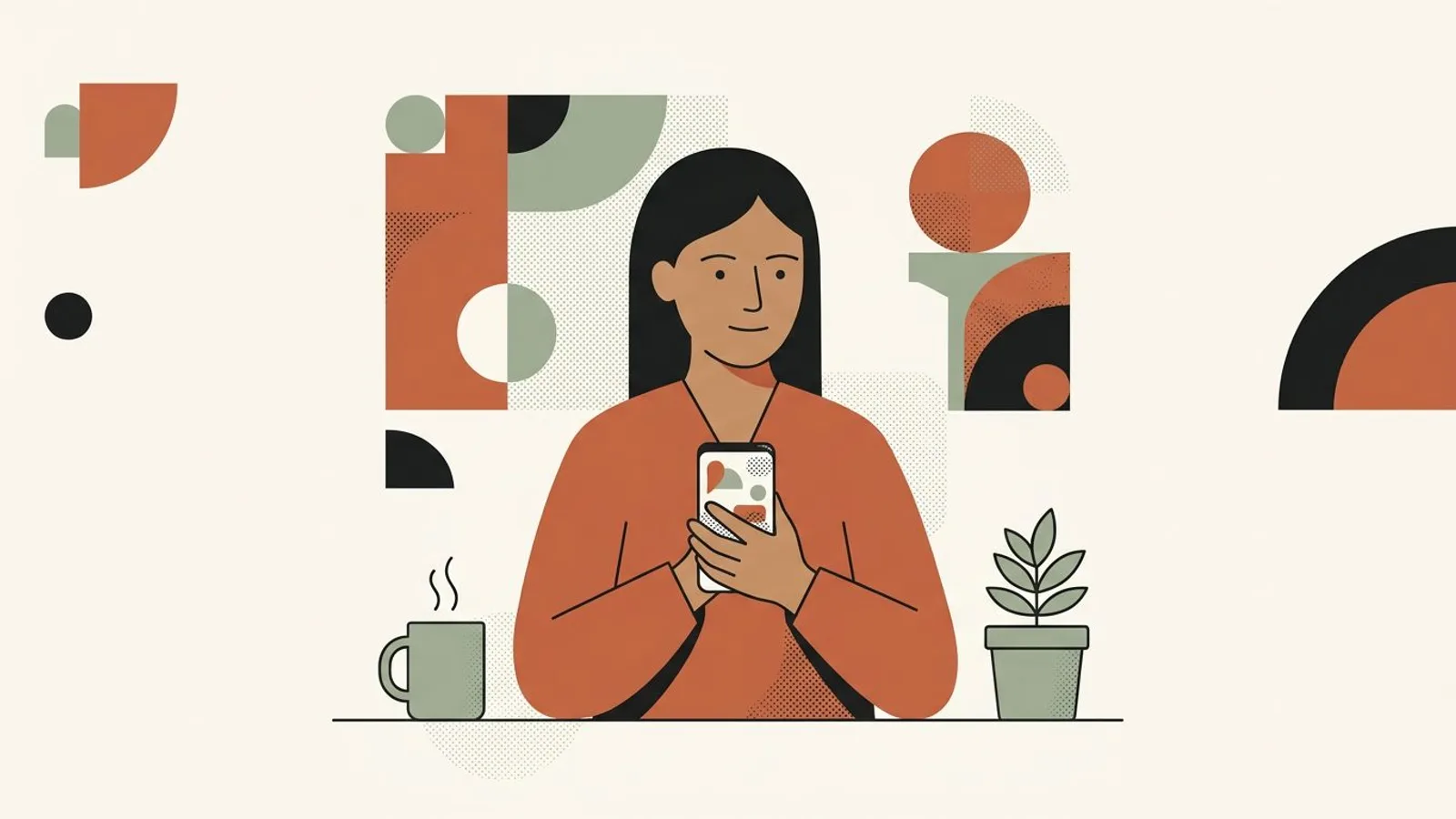 A serene coach holds her phone, plant and warm coffee beside her