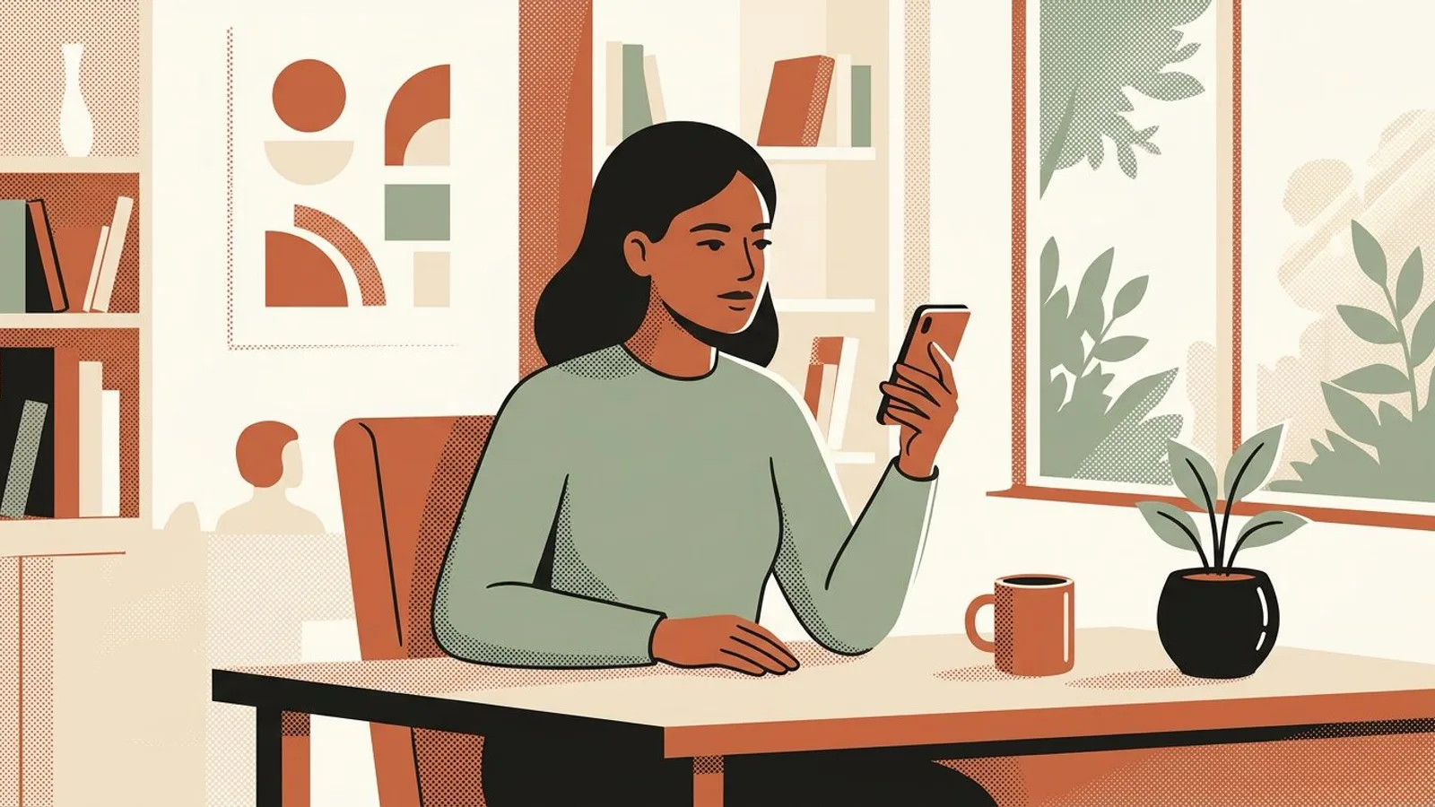 A coach reads her Instagram messages at her desk, coffee and bookshelves around