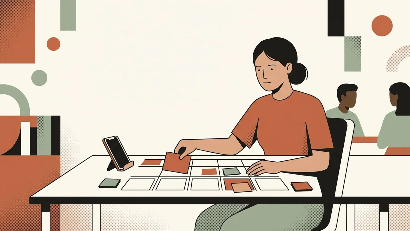 A coach lays out her content cards on a weekly grid, phone on a stand