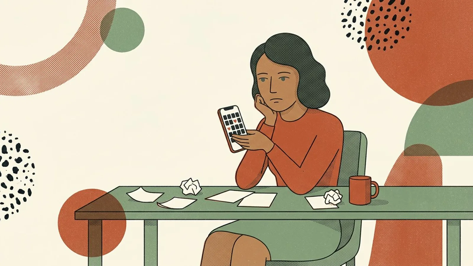 A discouraged coach stares at her likes grid, crumpled notes on the table