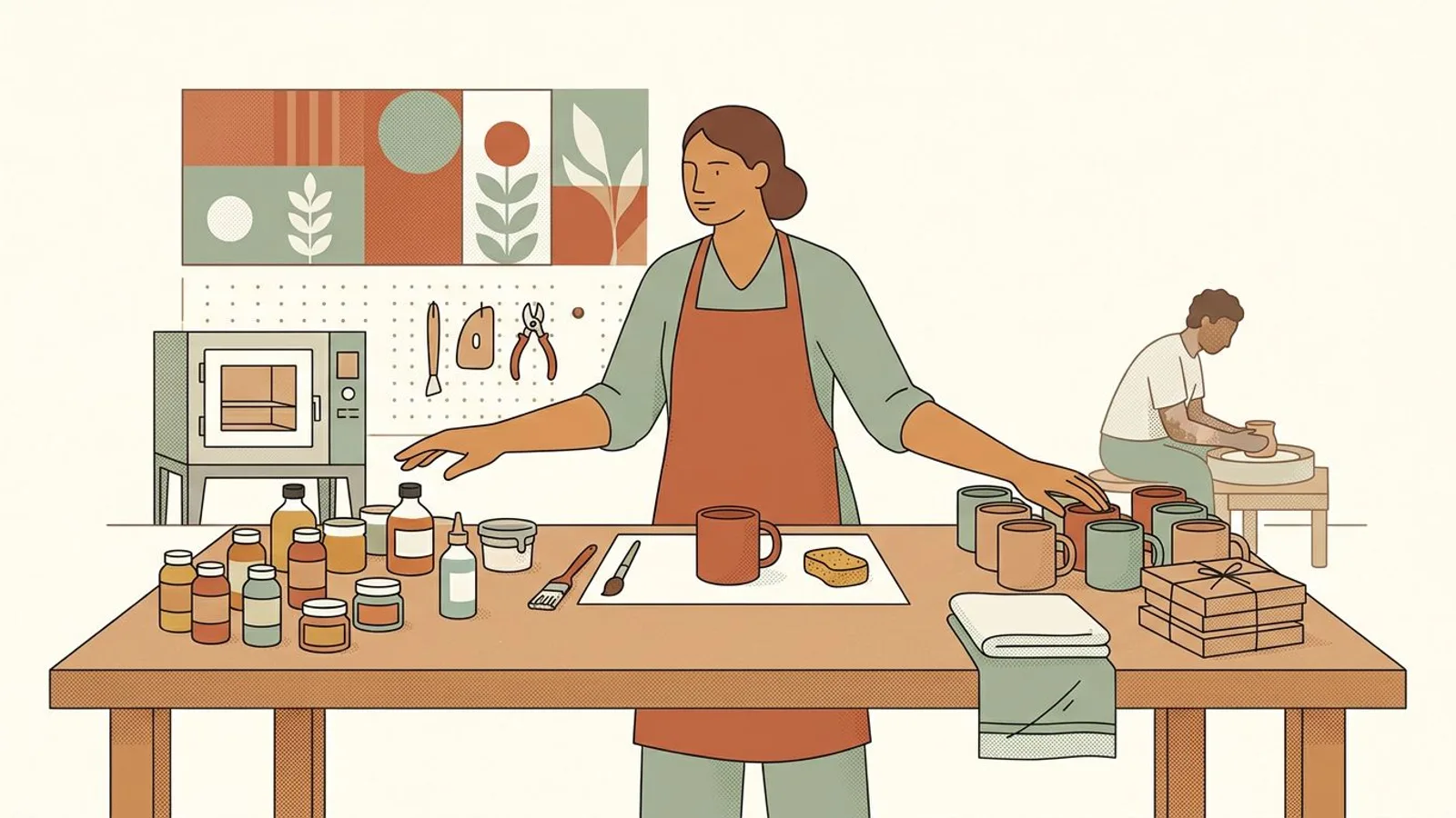 A ceramicist moves from a sparse product display to a coherent set of mug scenes and packaging