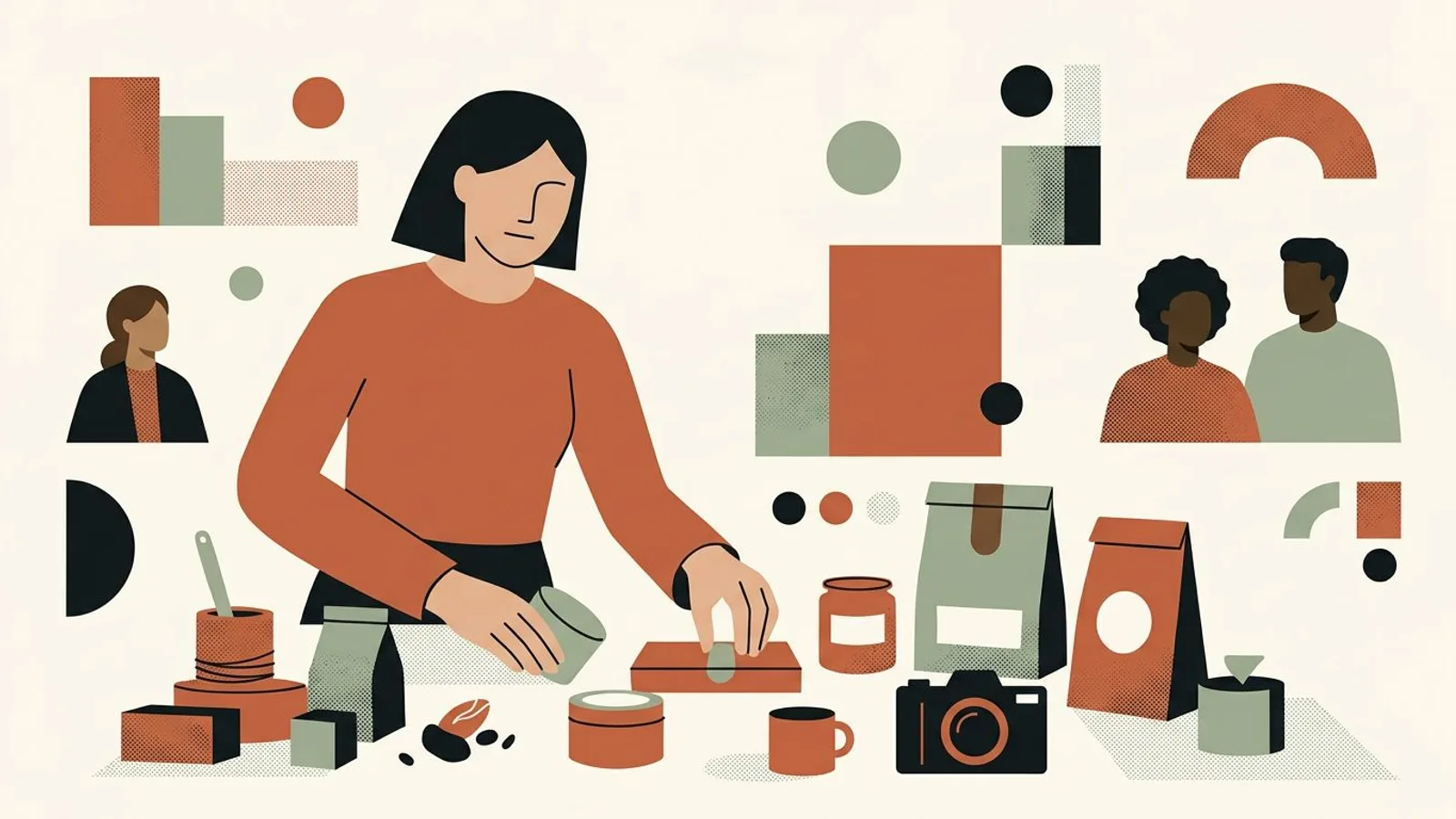 A woman maker arranges finished products and photo materials across a bright studio table