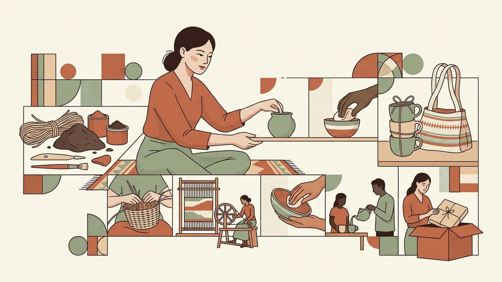 A woman artisan organizes one product, tools, packaging, and several photo scenes into a sequence