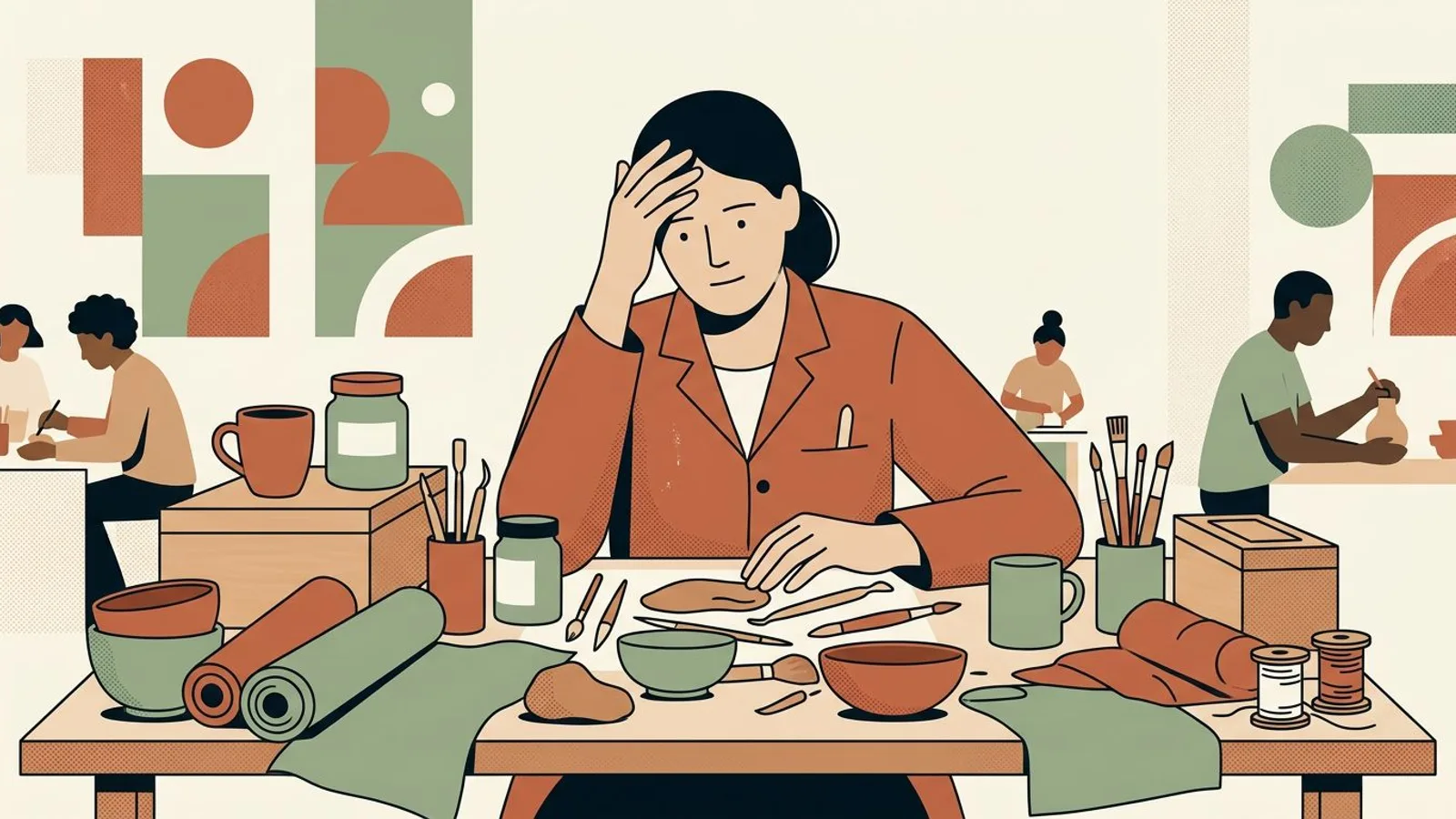 An overwhelmed woman maker sits among ceramics, jars, fabric, thread spools, brushes, clay, and plain boxes
