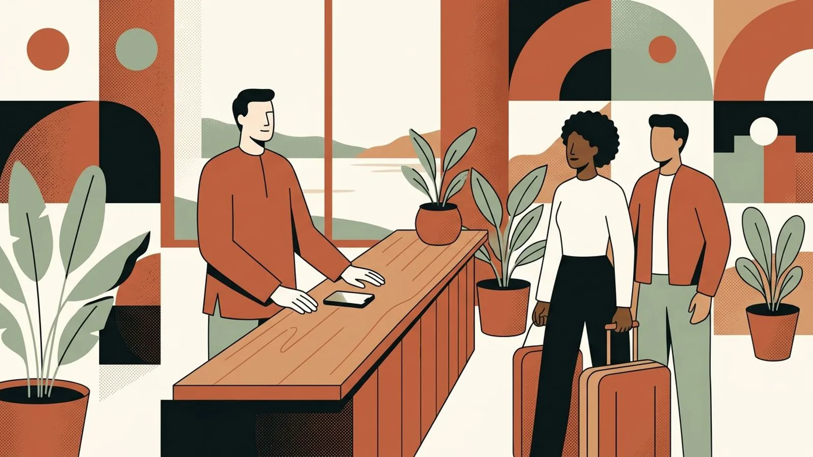 A relaxed hotelier behind the front desk in afternoon light, phone face down, guests arriving with a suitcase