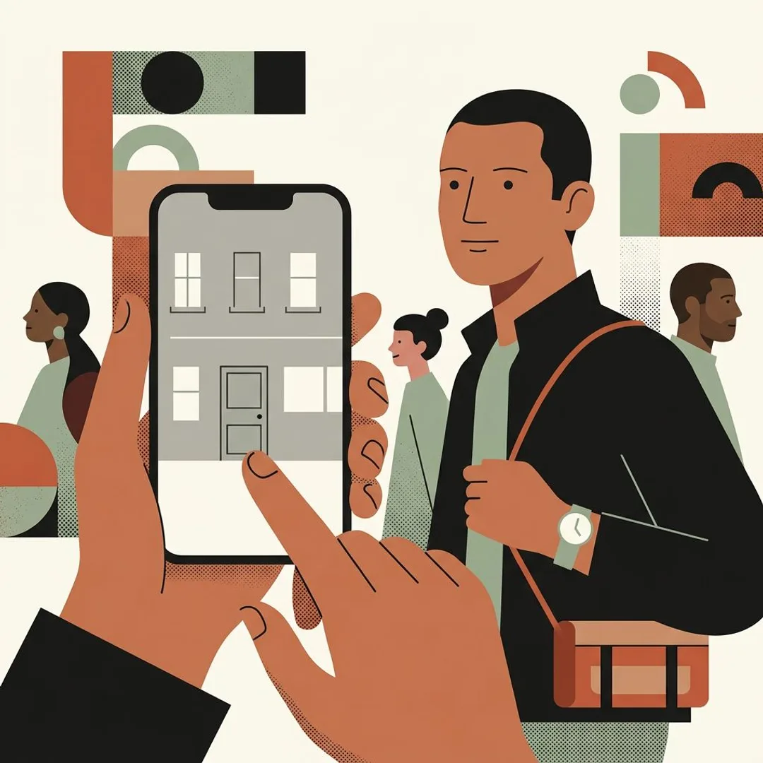 A traveler's thumb mid-scroll on a phone showing only a flat grey hotel facade, attention already elsewhere