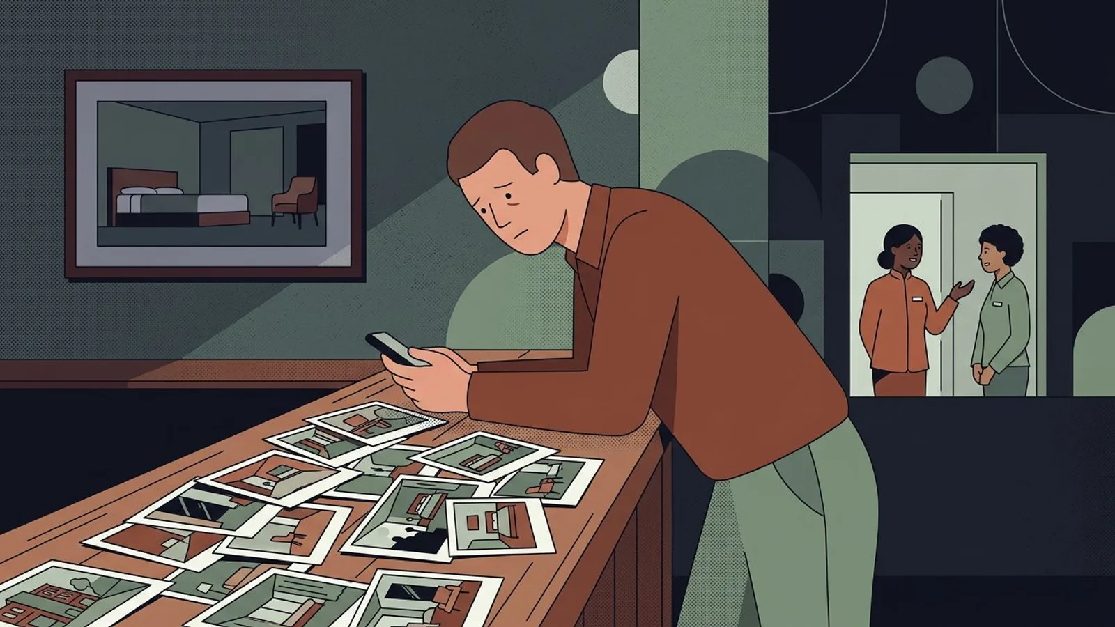 Late at night, a hotelier at the reception counter with dozens of hotel photos scattered in no order