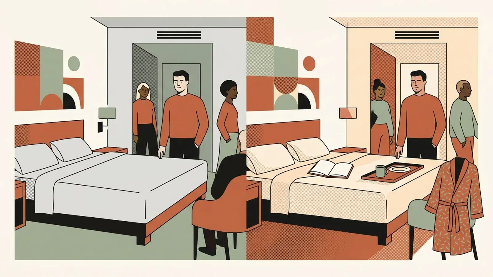 La même chambre d'hôtel côte à côte : vide et figée d'un côté, habitée et lumineuse avec un plateau de petit-déjeuner de l'autre.
