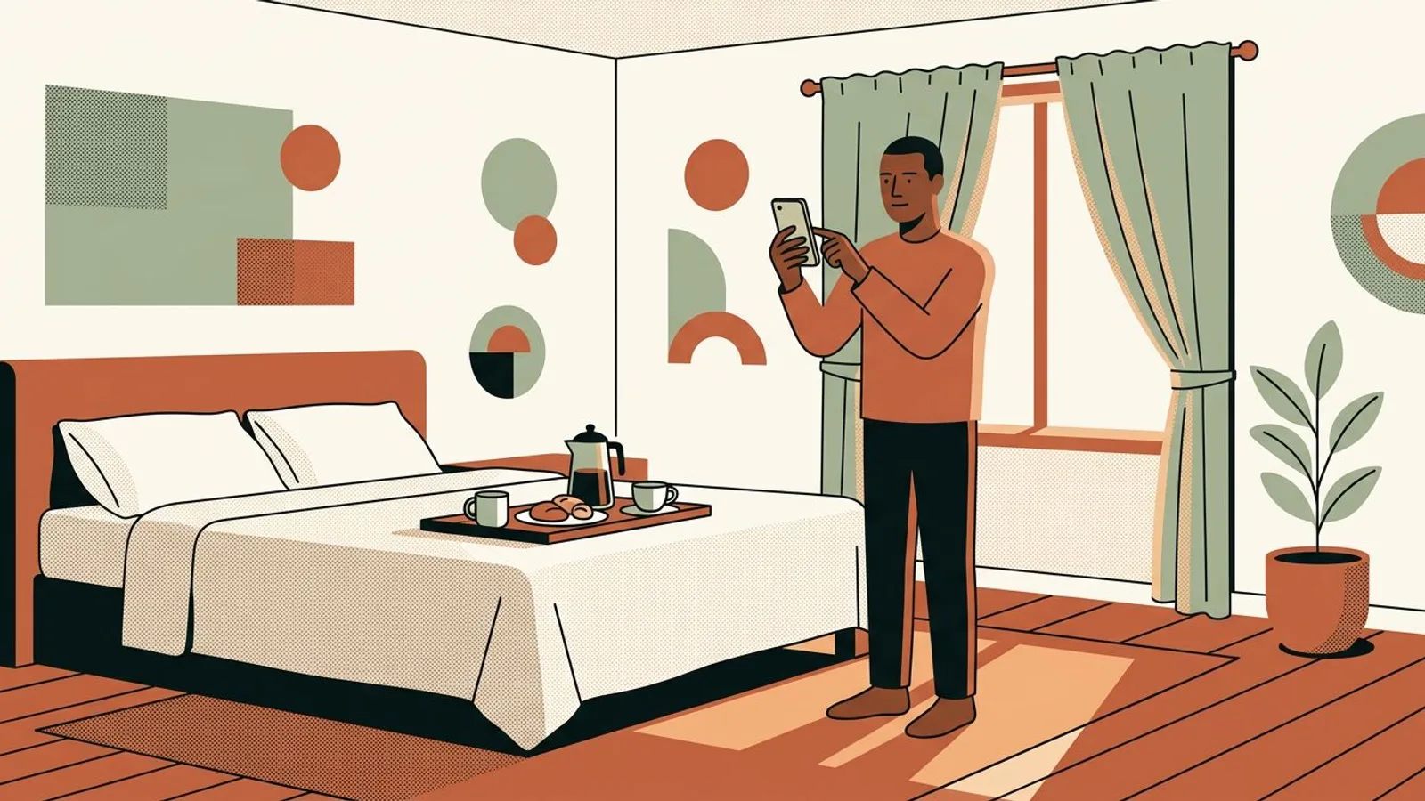 Un hôtelier photographie avec son téléphone une chambre baignée de lumière du matin, plateau de petit-déjeuner posé sur le lit.