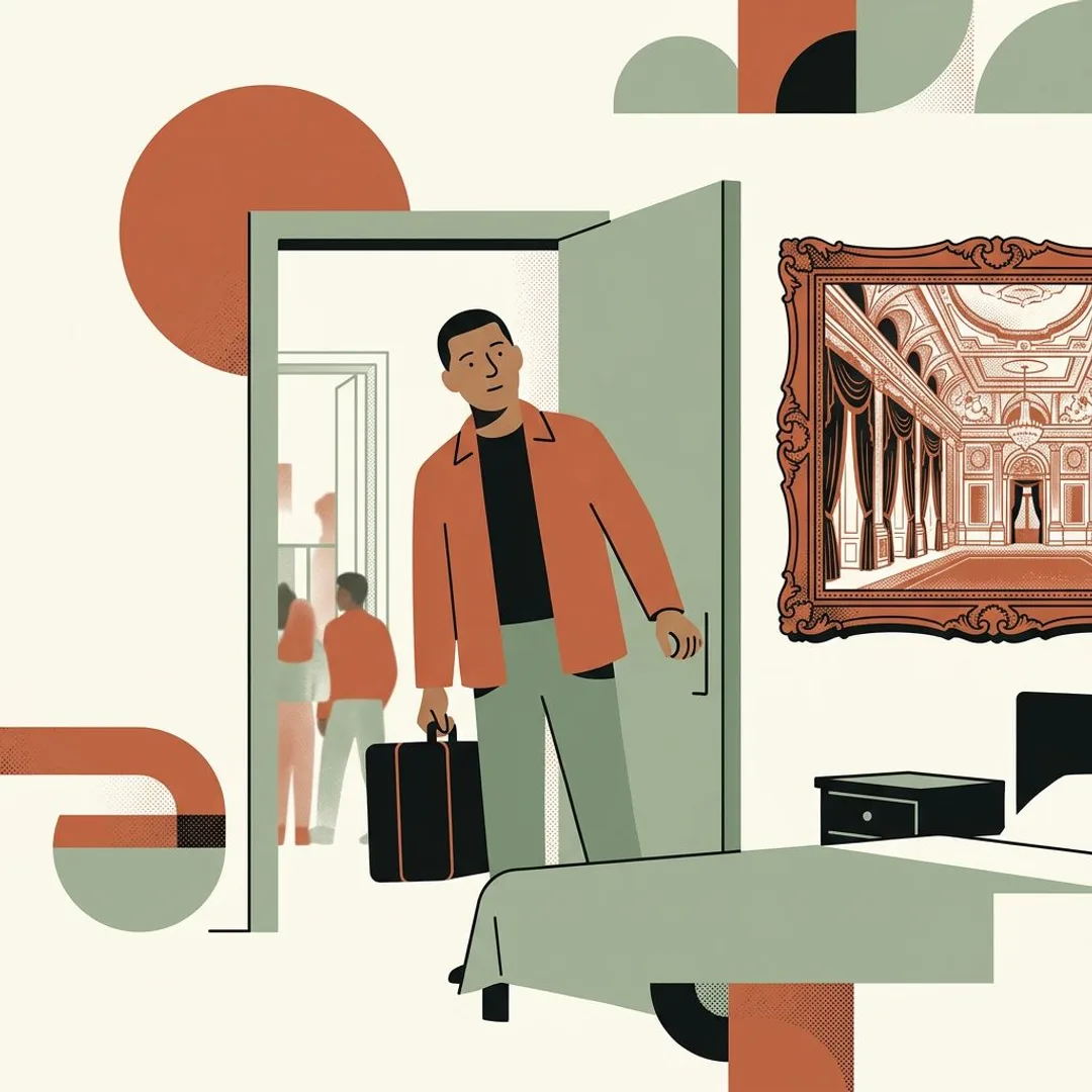 Un voyageur hésite sur le seuil d'une chambre simple, valise à la main, près d'une photo encadrée d'une chambre bien plus fastueuse.