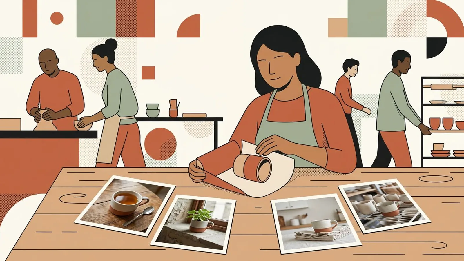 Une céramiste sereine emballe une commande près de quatre photos produit dans un atelier rangé