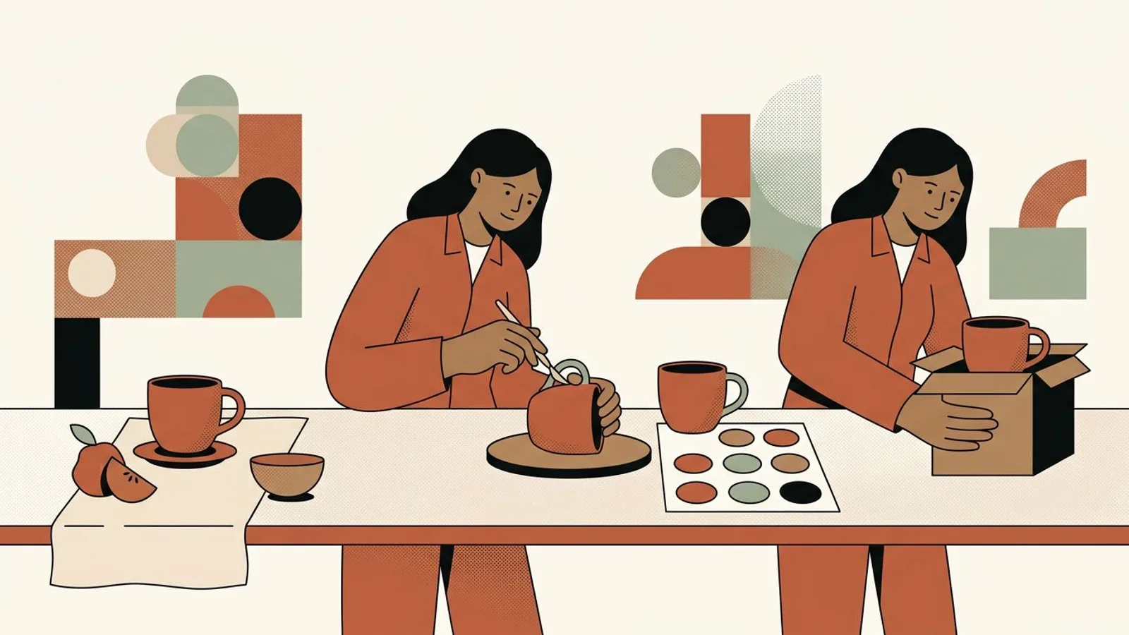 Une créatrice compose quatre scènes autour d'une tasse, de l'usage quotidien à l'emballage