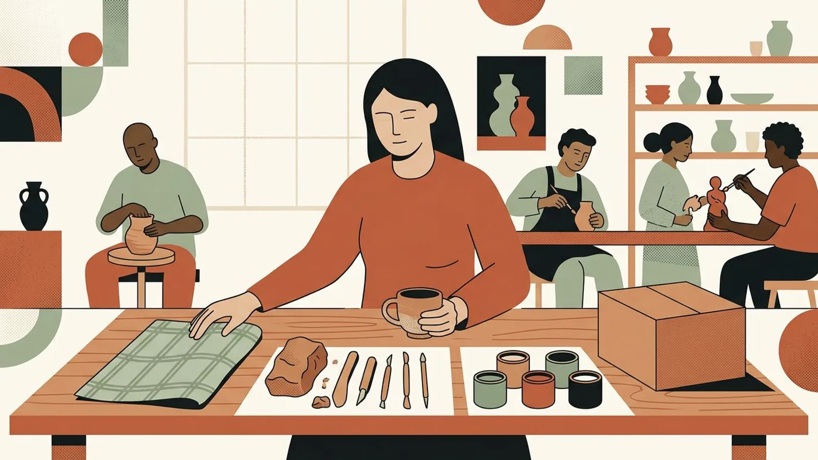 Une céramiste prépare une série autour d'une tasse avec tissu, outils, émaux et boîte d'emballage