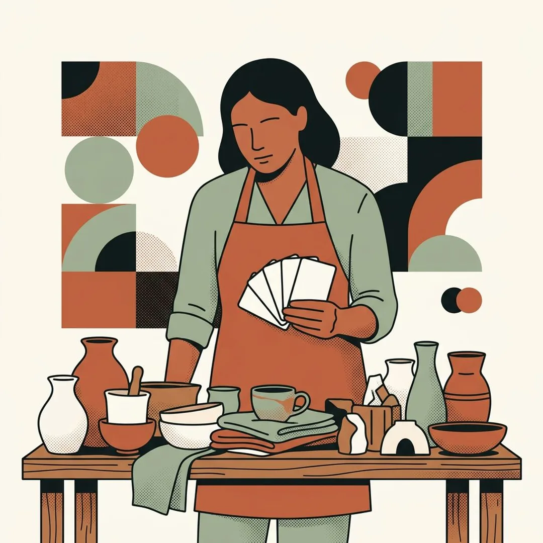 Une tasse artisanale disparaît sous trop d'accessoires pendant que la créatrice hésite