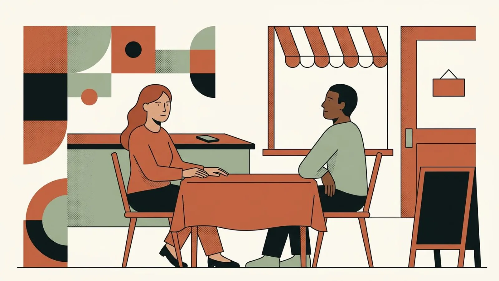 Le couple détendu dans sa salle dressée pour le service, téléphone retourné sur le comptoir, auvent et ardoise dans la même couleur.
