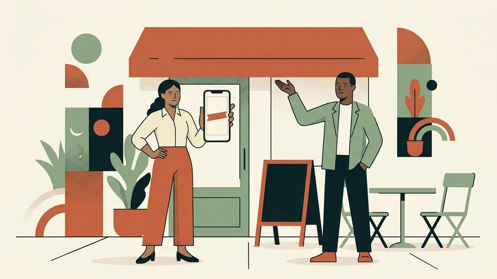 Un couple de restaurateurs devant leur bistrot : elle montre une story sur son téléphone, il désigne l'auvent peint de la devanture.