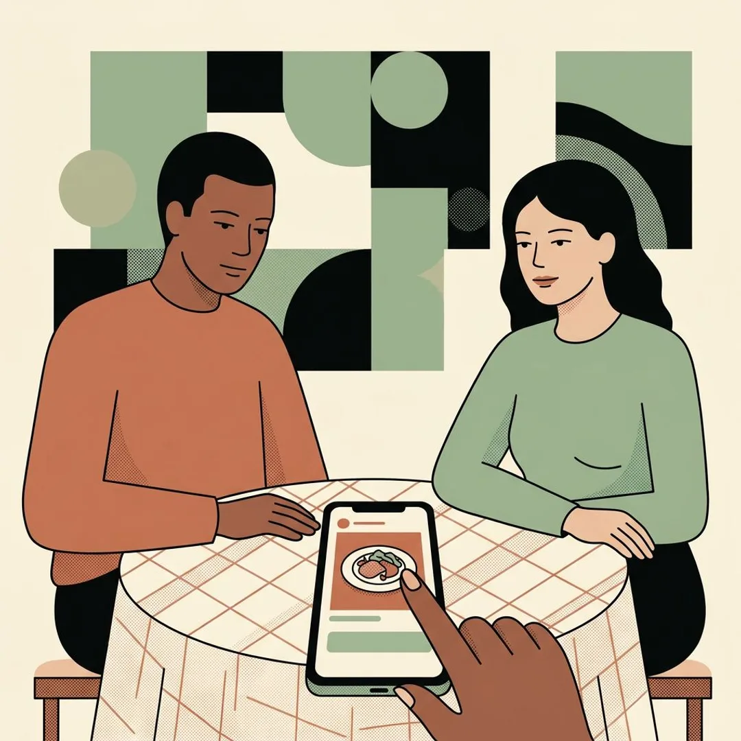 Un téléphone sur une nappe à carreaux affiche une assiette claire et un bandeau fin presque invisible, un pouce prêt à passer.