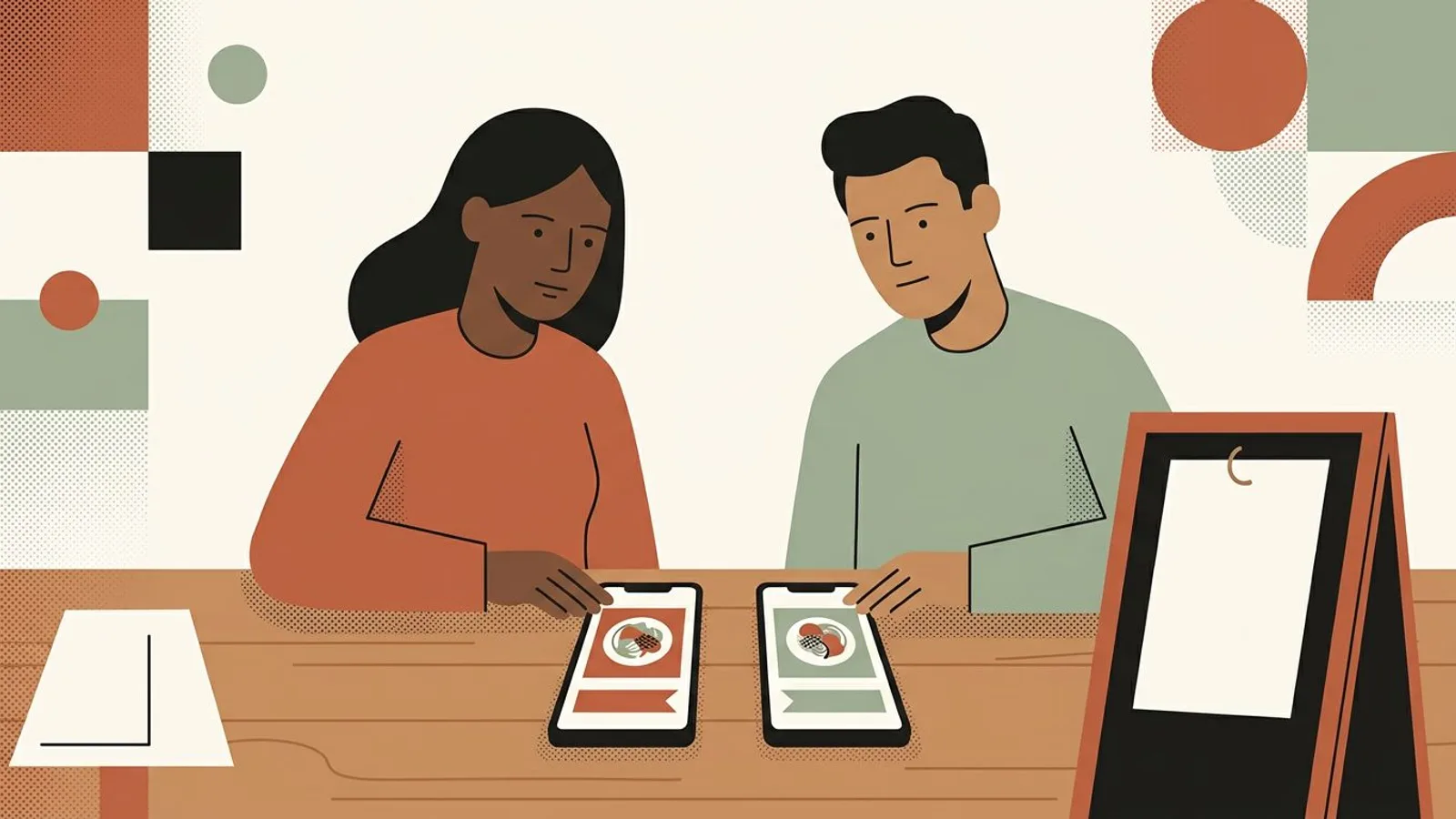 Deux téléphones posés sur le comptoir d'un bistrot affichent la même assiette avec deux bandeaux de couleurs différentes, ardoise à côté.