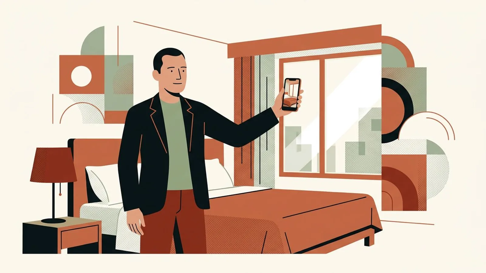 Un hotelero encuadra en vertical la cama y la ventana de una habitación recién hecha con su móvil.
