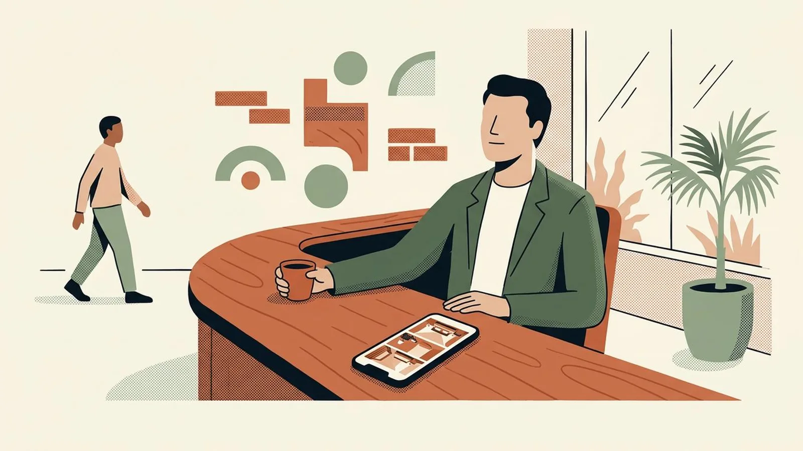 Un hôtelier détendu derrière son comptoir, un café à la main, le téléphone posé avec une grille de chambres bien alignées.