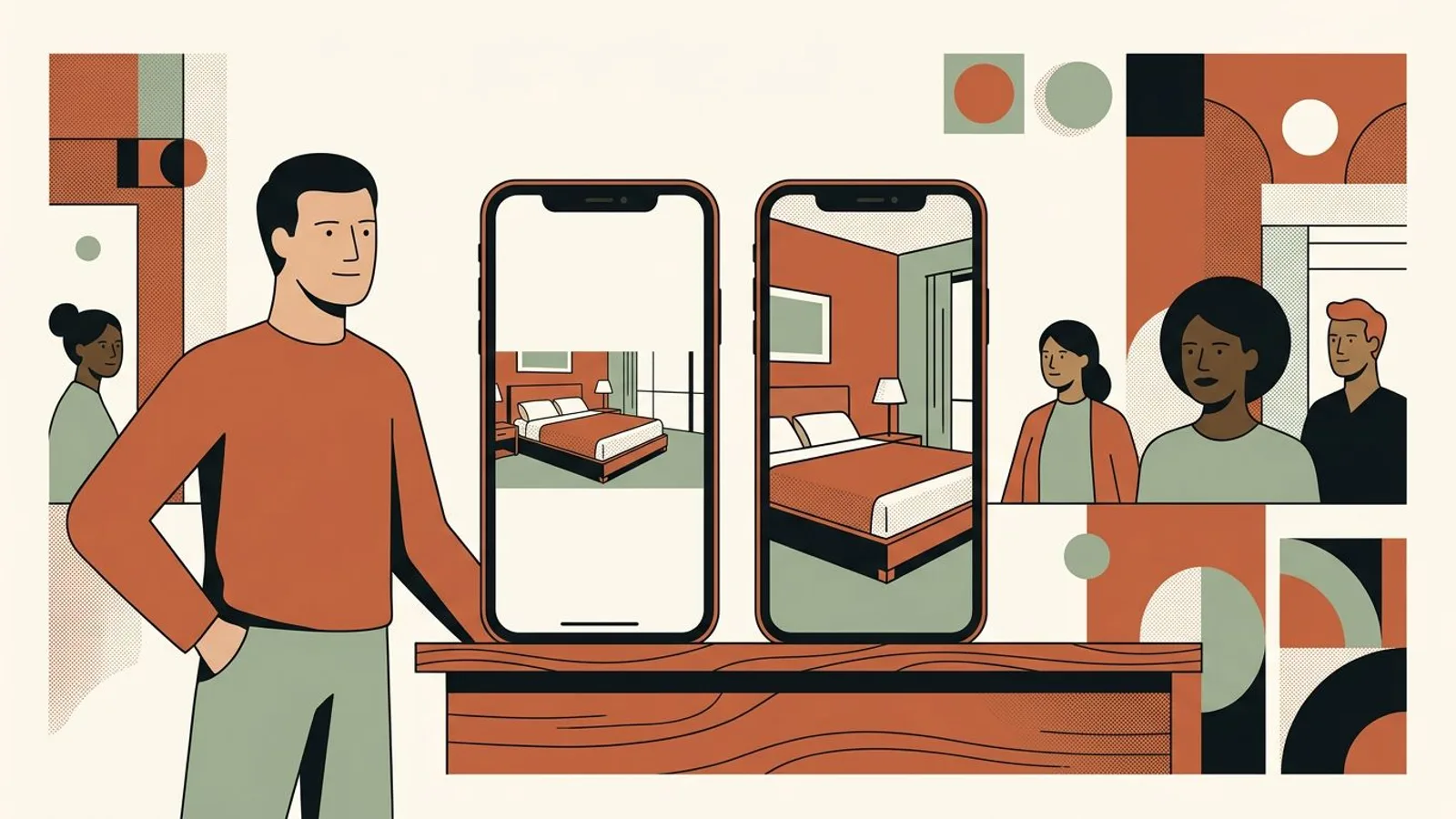 Deux téléphones côte à côte : la même chambre perdue dans une bande étroite, puis en portrait sur tout l'écran.