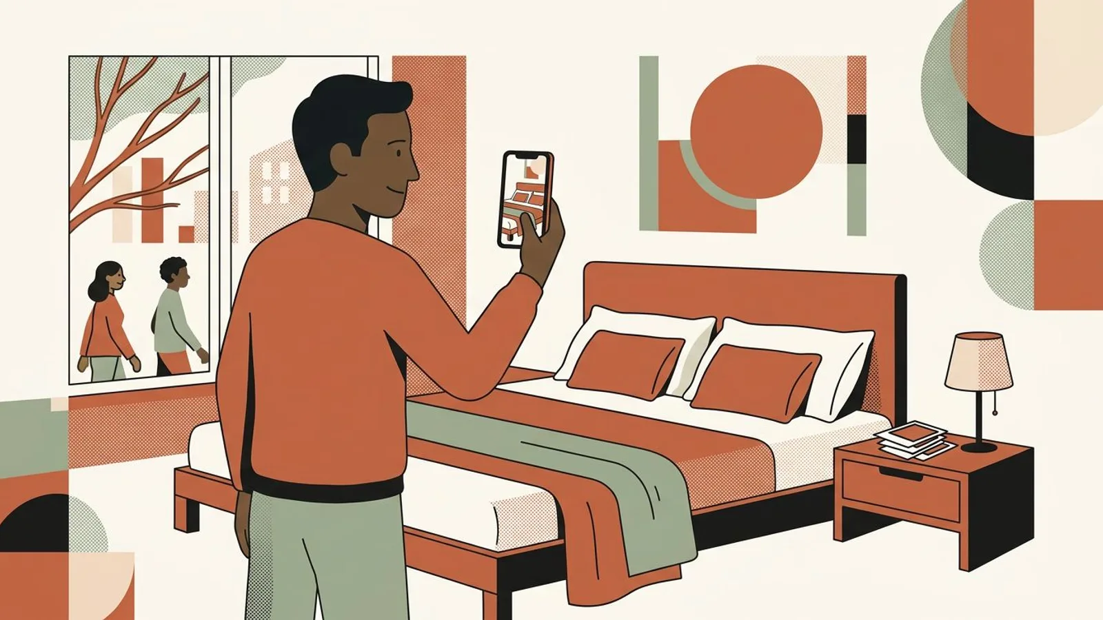 Un hôtelier cadre en vertical, avec son téléphone, un lit fraîchement fait devant une grande fenêtre.