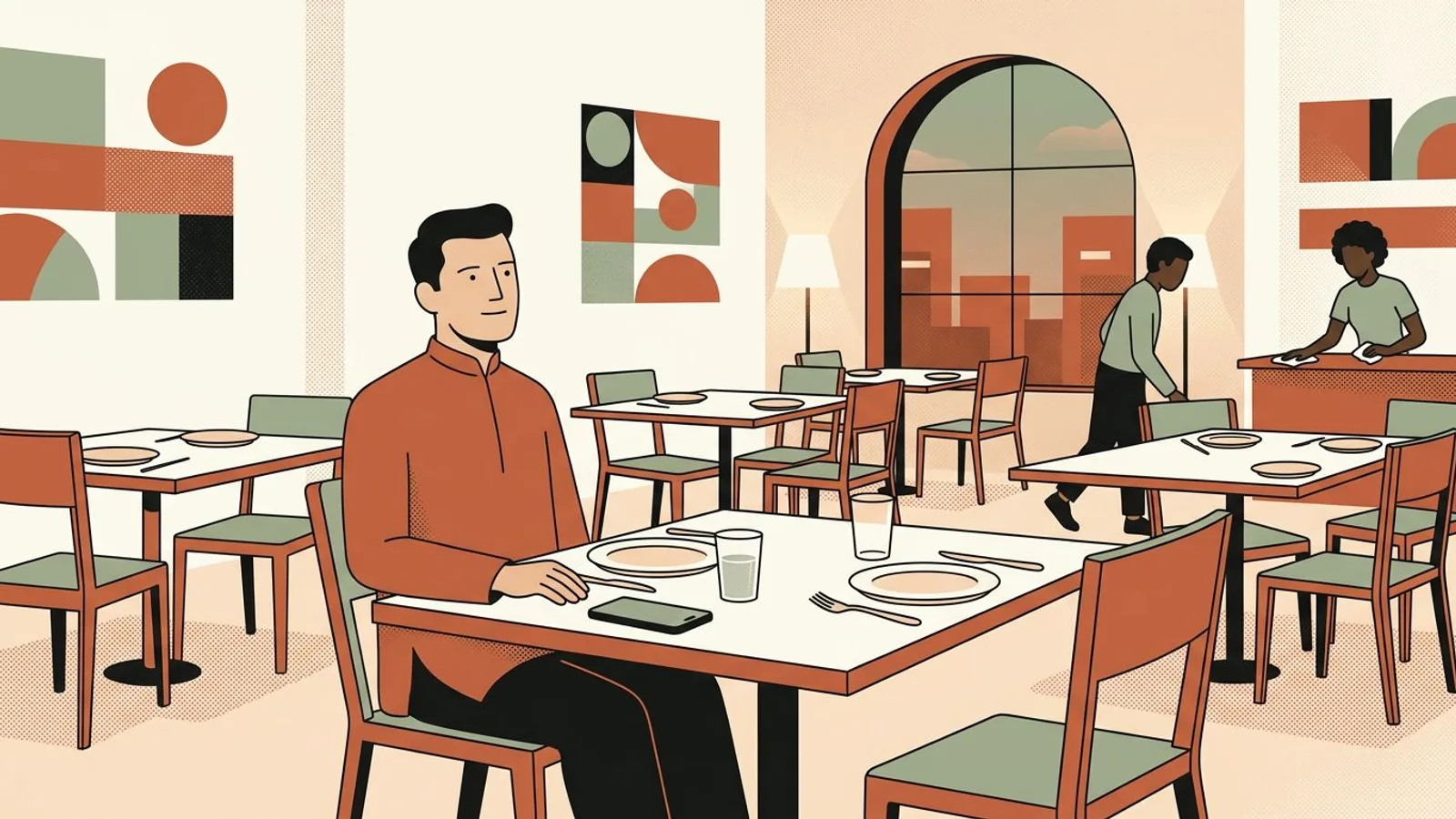 Ein Gastronom sitzt entspannt an einem gedeckten Tisch, das Handy liegt daneben, der Saal ist bereit für den Abend