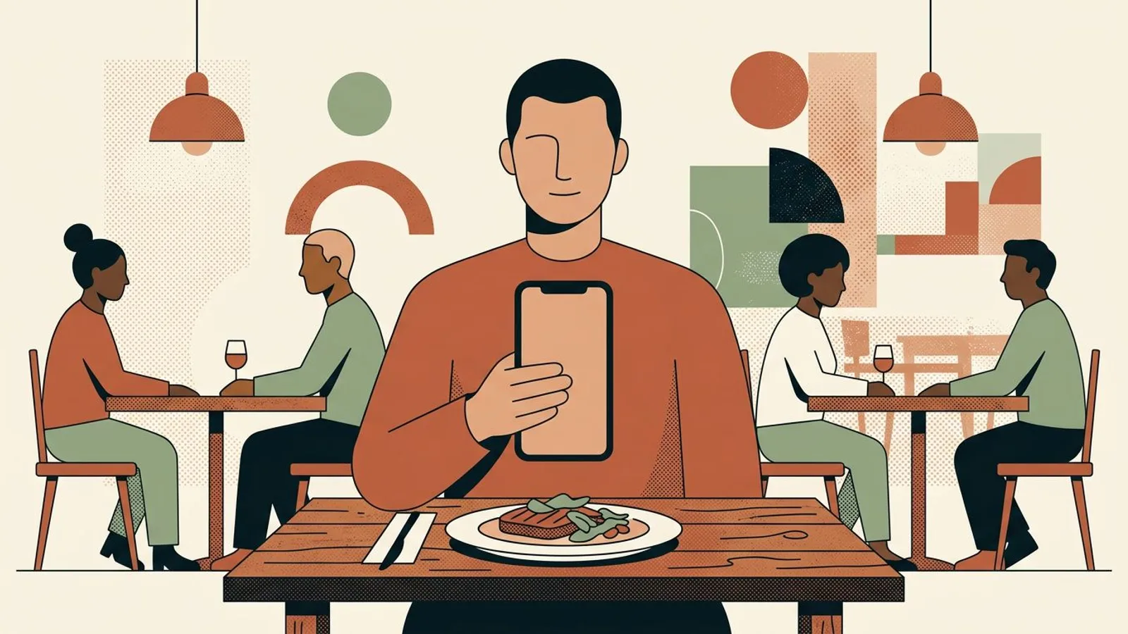 Ein Gastronom hält sein Handy hochkant über einen angerichteten Teller im Gastraum, das Motiv passt genau ins Hochformat