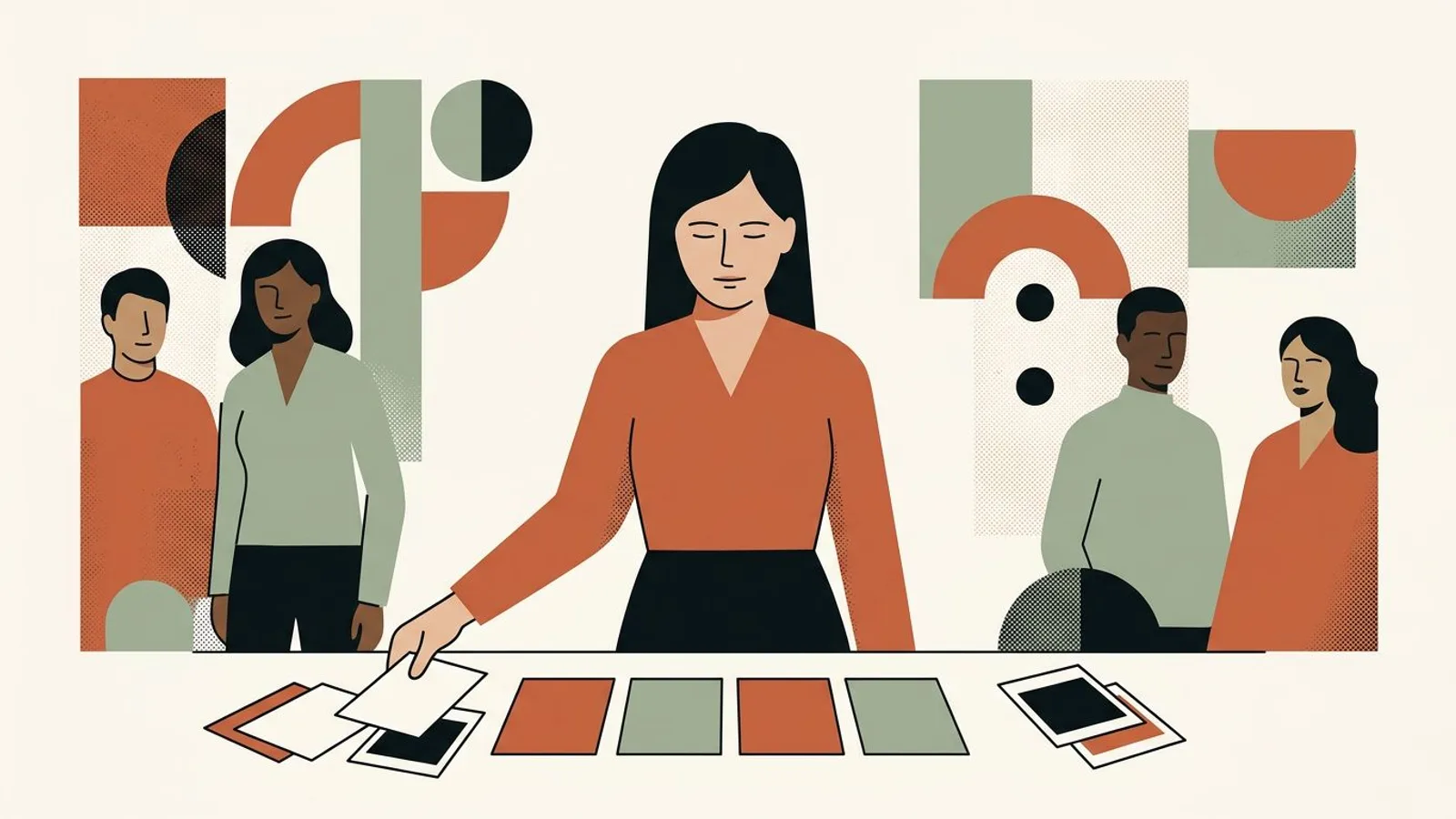 One coaching desk split between scattered materials and an orderly row of four cards