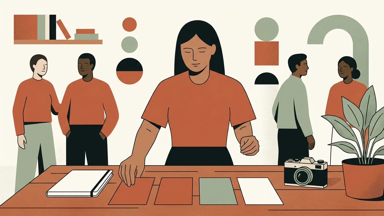 A coach arranges four blank colored cards into a clear weekly sequence at her desk