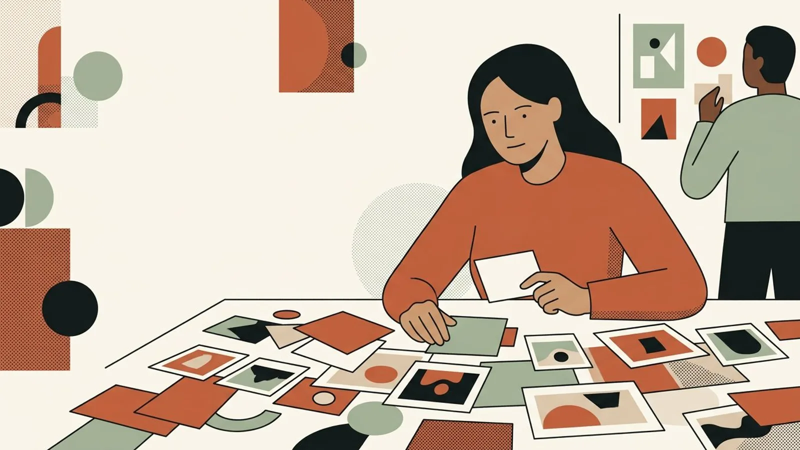 A coach faces scattered blank cards and mismatched photos across a crowded worktable
