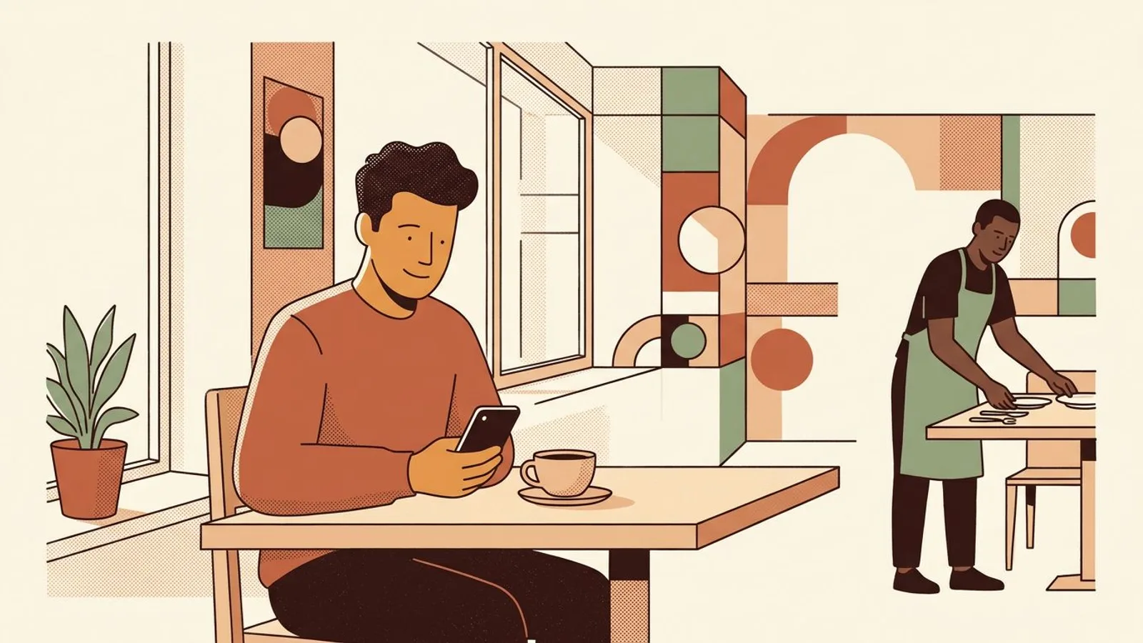 Ein entspannter Restaurantinhaber schaut morgens an einem hellen Ecktisch auf sein Handy, im Hintergrund wird eingedeckt