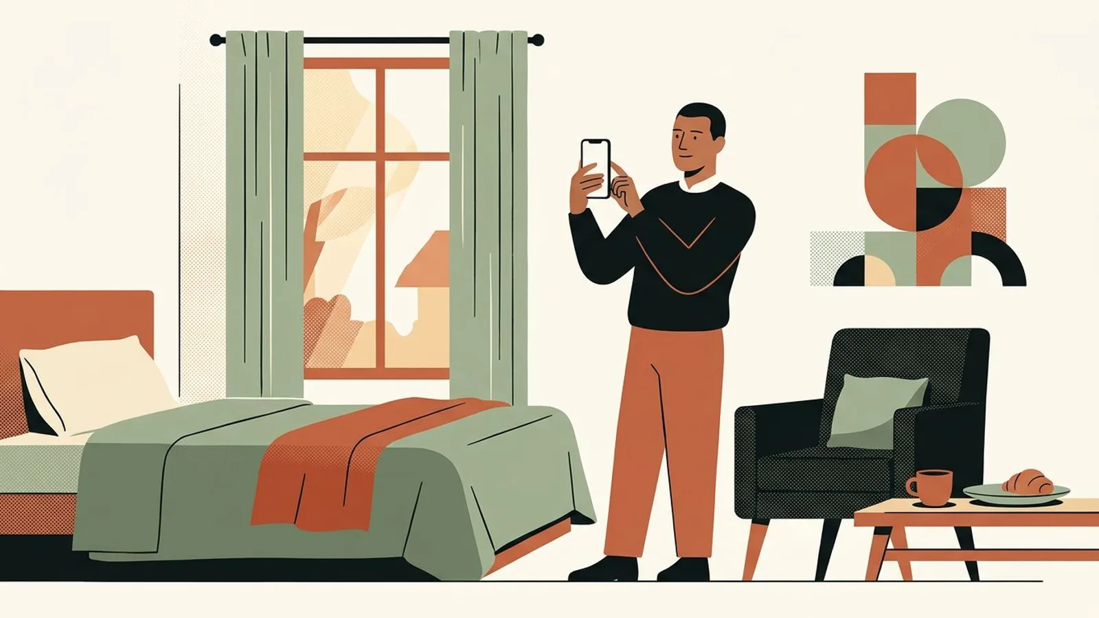 Ein Hotelier hält sein Handy hochkant vor sich und rahmt Bett und Fenster eines hellen Gästezimmers.