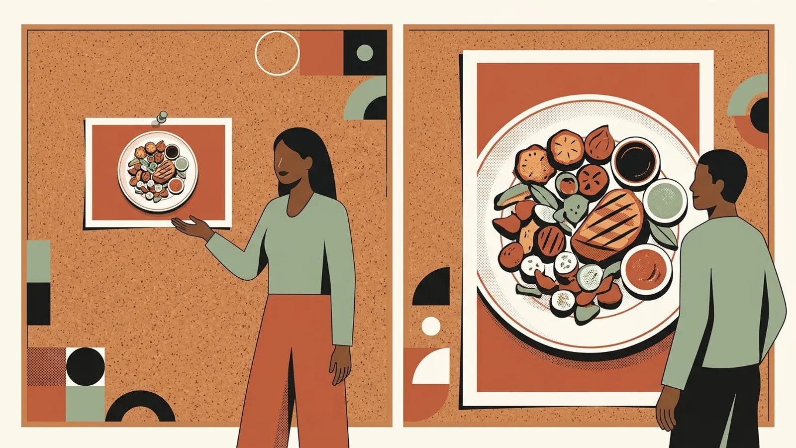 Side by side on a corkboard: a small wide photo of a bistro plate, then the same dish as a tall print filling the frame