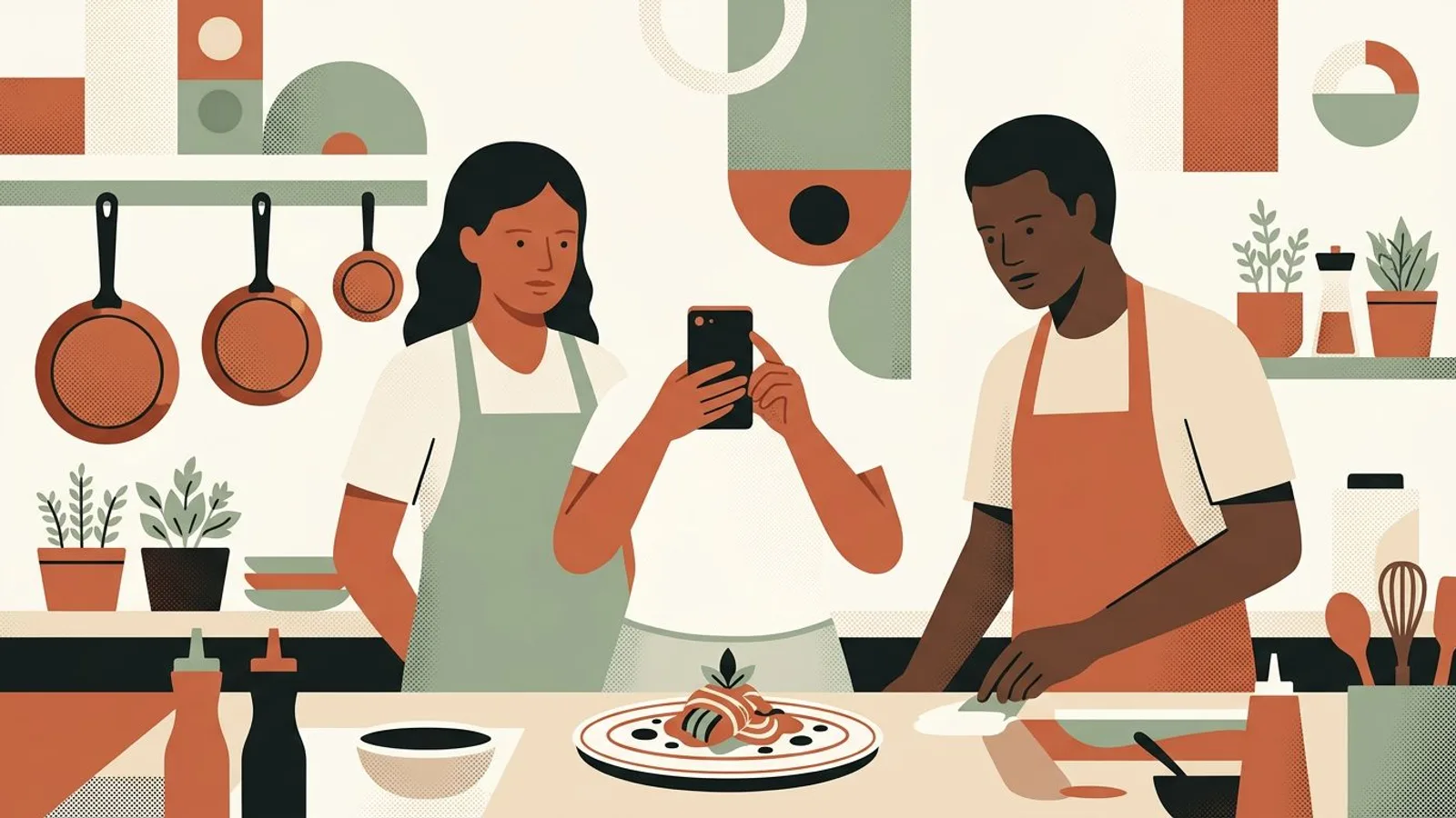 A restaurant owner at the kitchen pass holds a phone upright over a plated dish, framing it tall