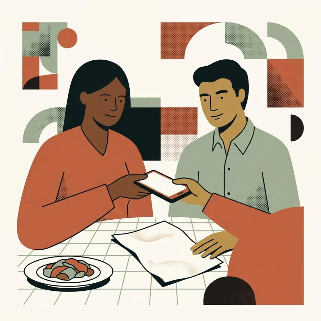 Two people at a checkered restaurant table pass a phone over a blank paper menu, the plate pushed to the edge